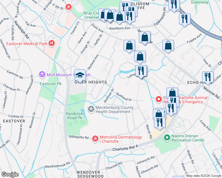 map of restaurants, bars, coffee shops, grocery stores, and more near in Charlotte