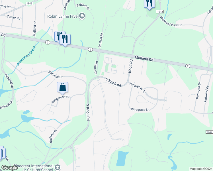 map of restaurants, bars, coffee shops, grocery stores, and more near 4 Plantation Drive in Southern Pines