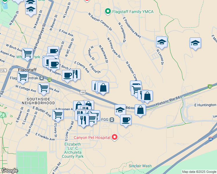 map of restaurants, bars, coffee shops, grocery stores, and more near 850 East Hilltop Avenue in Flagstaff
