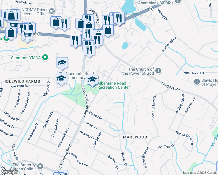 map of restaurants, bars, coffee shops, grocery stores, and more near 7025 Sycamore Grove Court in Charlotte