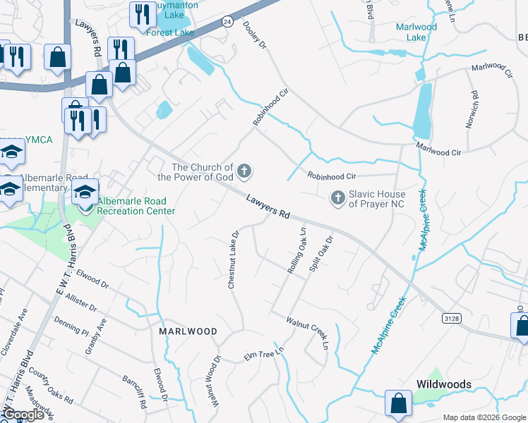 map of restaurants, bars, coffee shops, grocery stores, and more near 5325 Chestnut Lake Drive in Charlotte