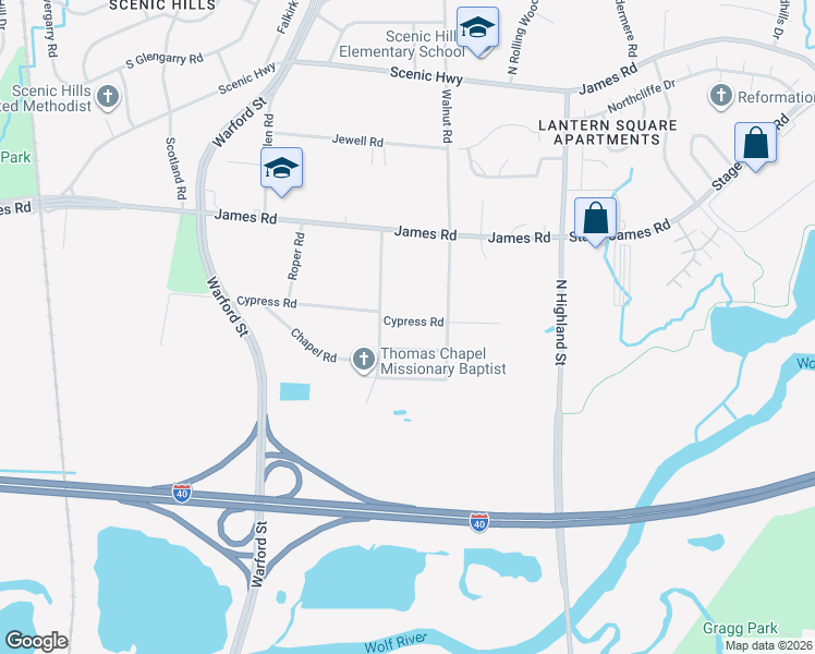 map of restaurants, bars, coffee shops, grocery stores, and more near 3395 Cypress Road in Memphis