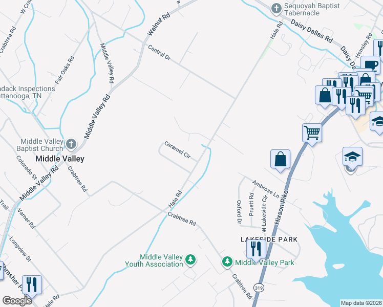 map of restaurants, bars, coffee shops, grocery stores, and more near 1528 Caramel Circle in Middle Valley