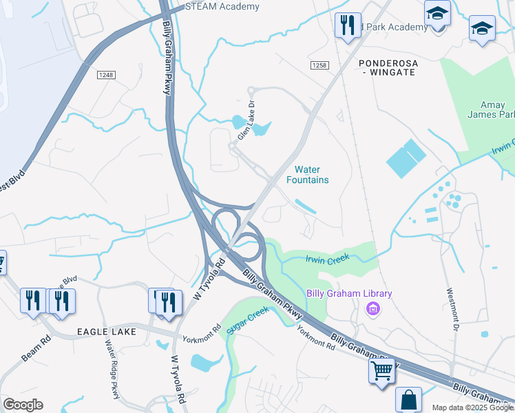 map of restaurants, bars, coffee shops, grocery stores, and more near West Tyvola Road in Charlotte