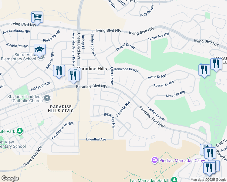 map of restaurants, bars, coffee shops, grocery stores, and more near 5547 Mansfield Place Northwest in Albuquerque