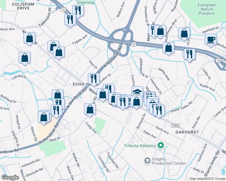 map of restaurants, bars, coffee shops, grocery stores, and more near in Charlotte