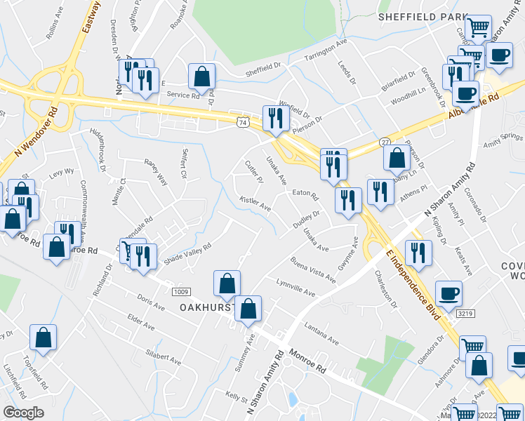 map of restaurants, bars, coffee shops, grocery stores, and more near 5020 Kistler Avenue in Charlotte