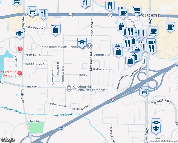 map of restaurants, bars, coffee shops, grocery stores, and more near 7786 Mesa Drive in Memphis