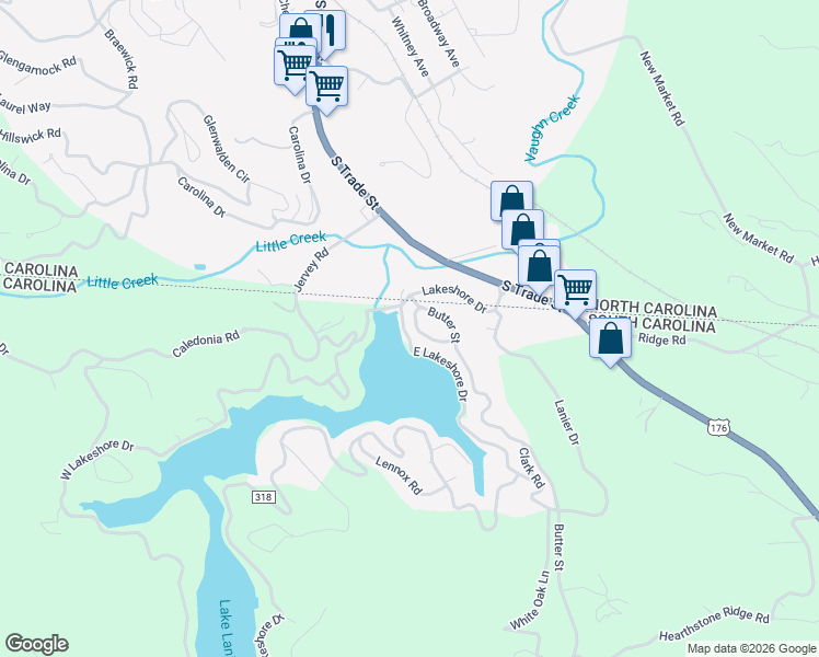 map of restaurants, bars, coffee shops, grocery stores, and more near 109 Hamilton Drive in Landrum