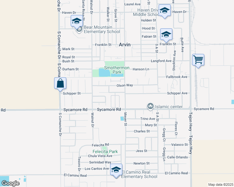map of restaurants, bars, coffee shops, grocery stores, and more near 801 Schipper Street in Arvin