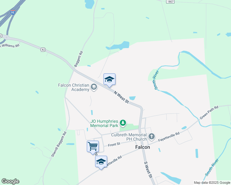 map of restaurants, bars, coffee shops, grocery stores, and more near North West Street in Falcon