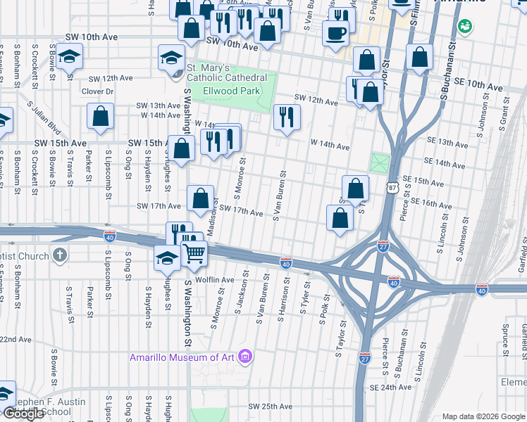 map of restaurants, bars, coffee shops, grocery stores, and more near 1701 South Jackson Street in Amarillo