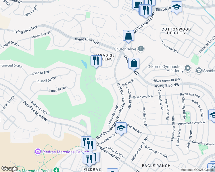 map of restaurants, bars, coffee shops, grocery stores, and more near 10009 Greene Avenue Northwest in Albuquerque