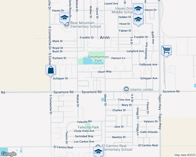 map of restaurants, bars, coffee shops, grocery stores, and more near 801 Schipper Street in Arvin
