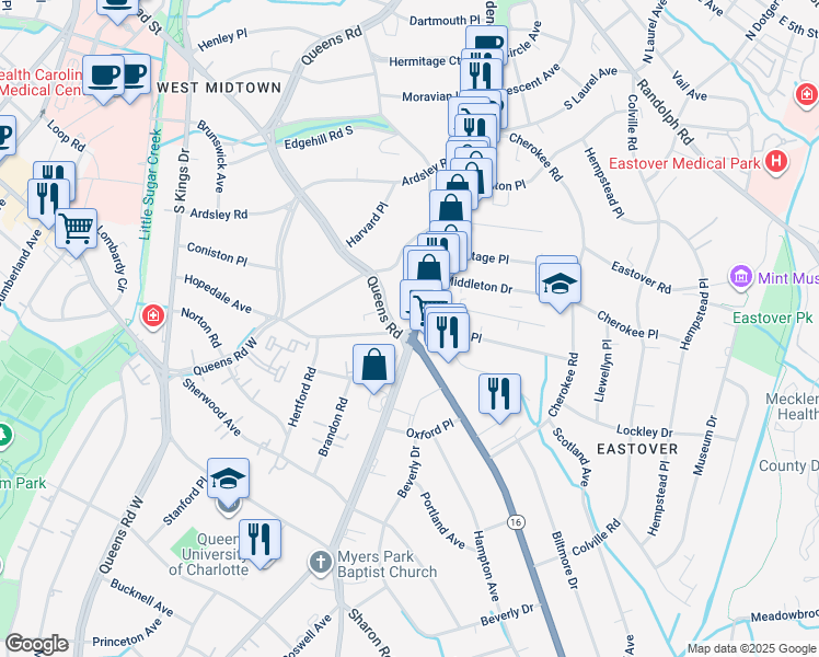 map of restaurants, bars, coffee shops, grocery stores, and more near in Charlotte