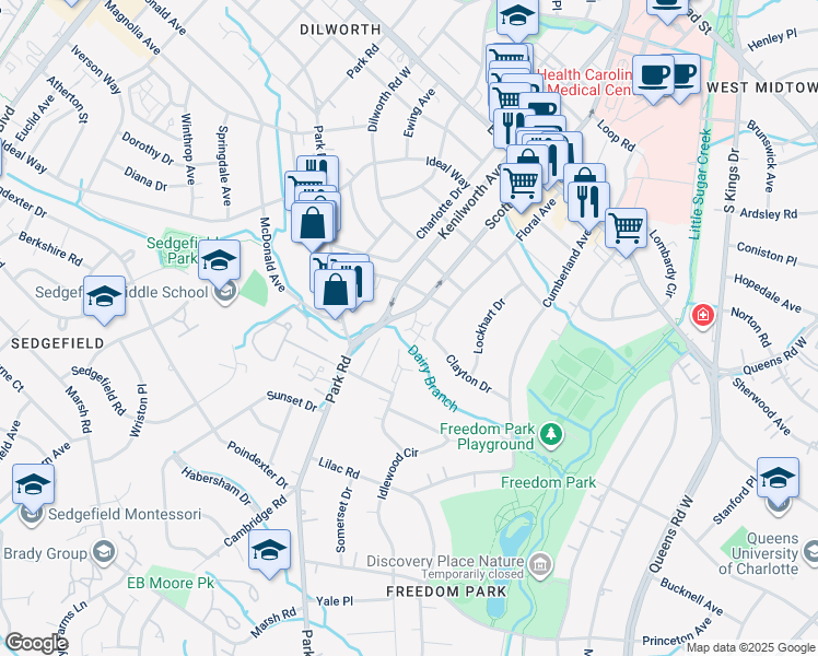 map of restaurants, bars, coffee shops, grocery stores, and more near 1323 Corton Drive in Charlotte