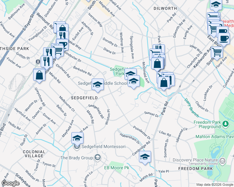 map of restaurants, bars, coffee shops, grocery stores, and more near in Charlotte