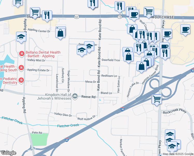 map of restaurants, bars, coffee shops, grocery stores, and more near 7786 Mesa Drive in Memphis