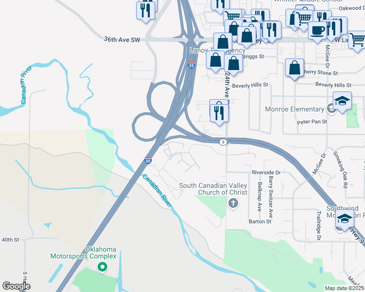 map of restaurants, bars, coffee shops, grocery stores, and more near 2600 Van Buren Street in Norman