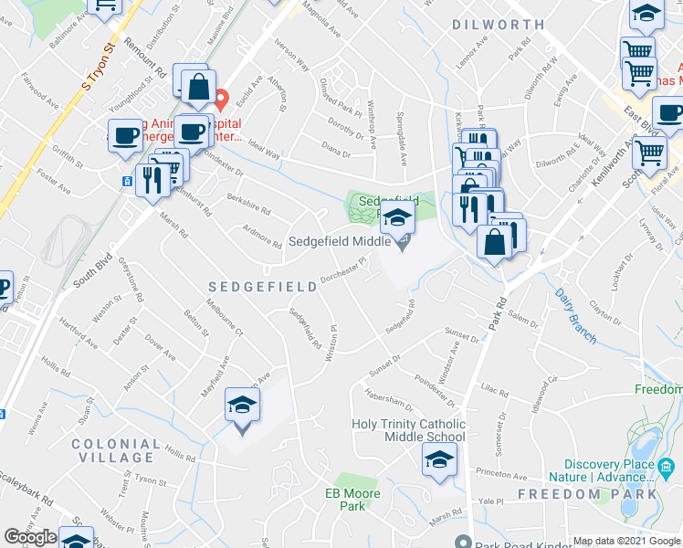 map of restaurants, bars, coffee shops, grocery stores, and more near Poindexter Dr & Dorchester Pl in Charlotte