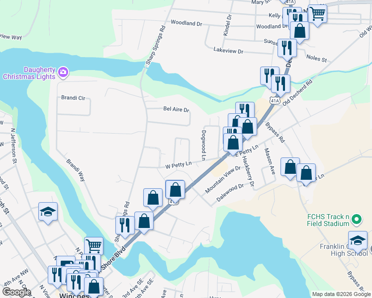 map of restaurants, bars, coffee shops, grocery stores, and more near 105 Highland Drive in Winchester