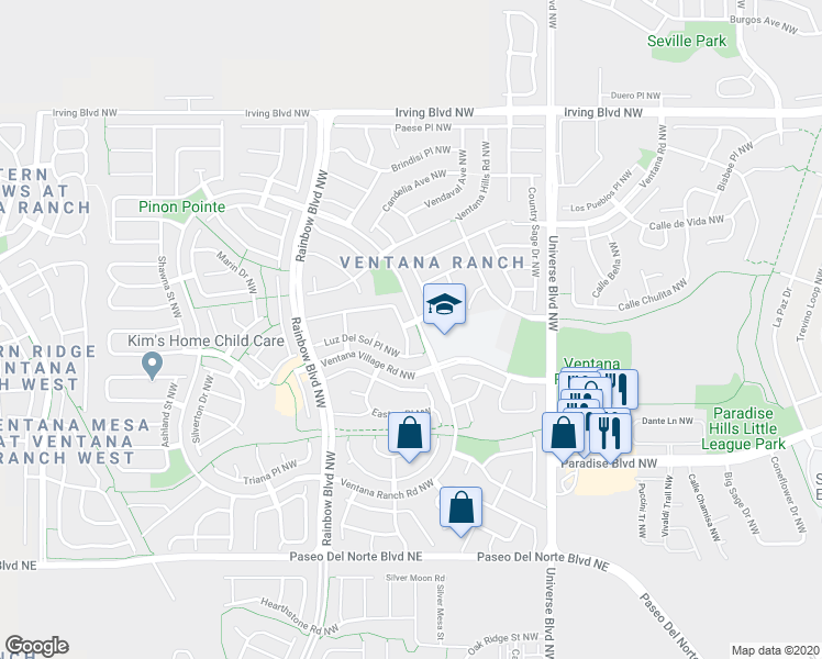 map of restaurants, bars, coffee shops, grocery stores, and more near 10112 Luz Del Dia Drive in Albuquerque