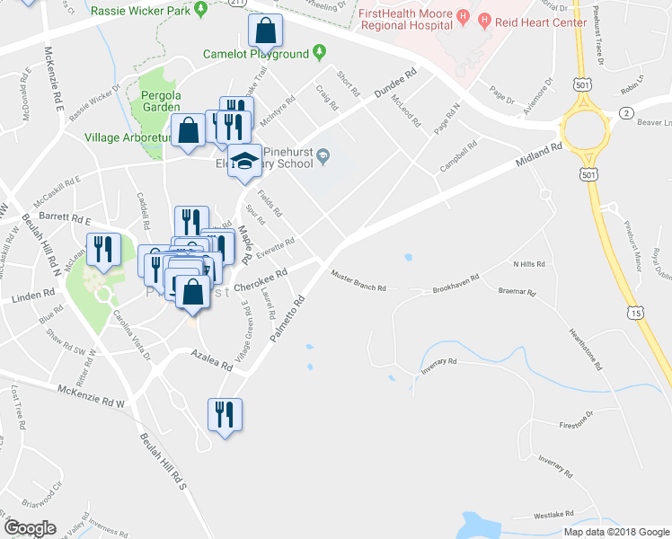 map of restaurants, bars, coffee shops, grocery stores, and more near 12 North Carolina 2 in Pinehurst