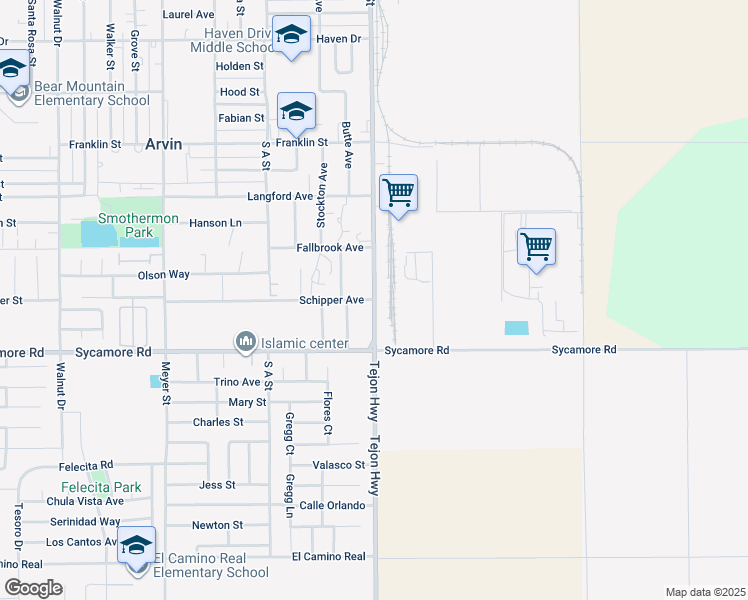 map of restaurants, bars, coffee shops, grocery stores, and more near Tejon Highway in Arvin