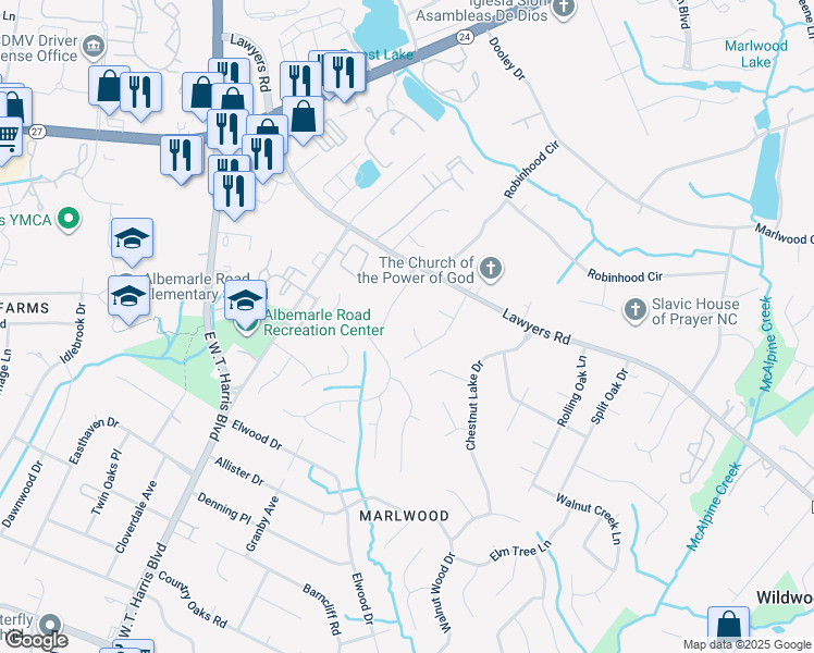 map of restaurants, bars, coffee shops, grocery stores, and more near 7502 Nutmeg Lane in Charlotte