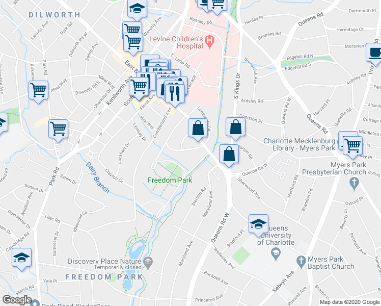 map of restaurants, bars, coffee shops, grocery stores, and more near 2112 Lombardy Circle in Charlotte