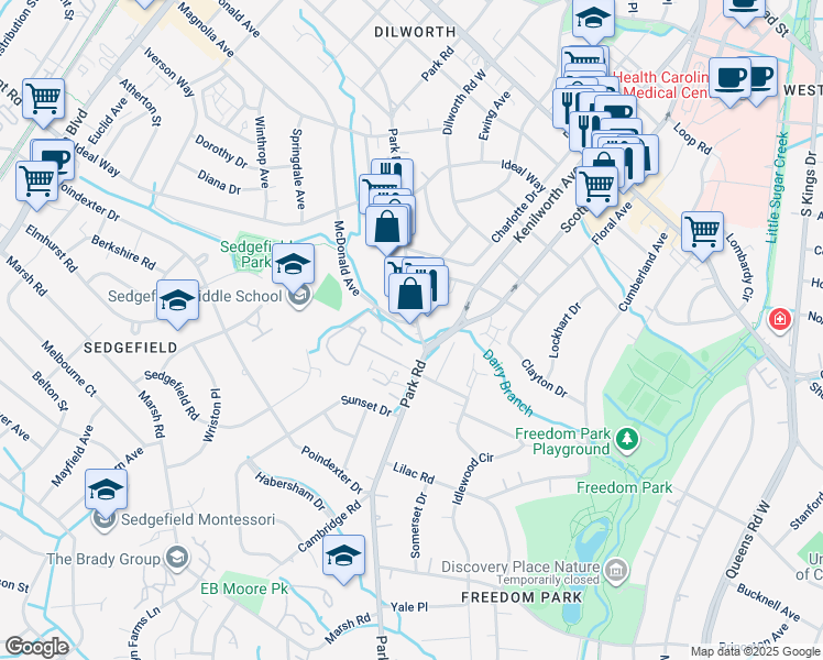 map of restaurants, bars, coffee shops, grocery stores, and more near 2500 Park Road in Charlotte