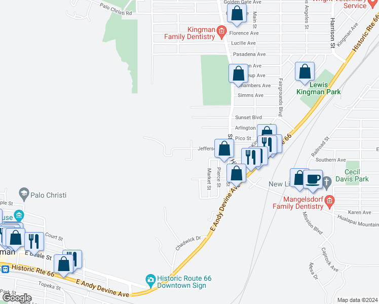 map of restaurants, bars, coffee shops, grocery stores, and more near 1420 Jefferson Street in Kingman