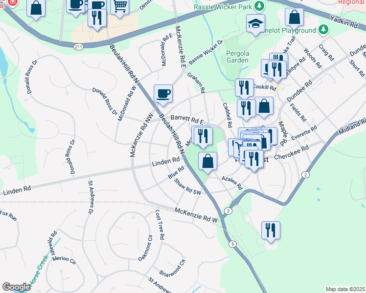 map of restaurants, bars, coffee shops, grocery stores, and more near 250 Beulah Hill Road North in Pinehurst