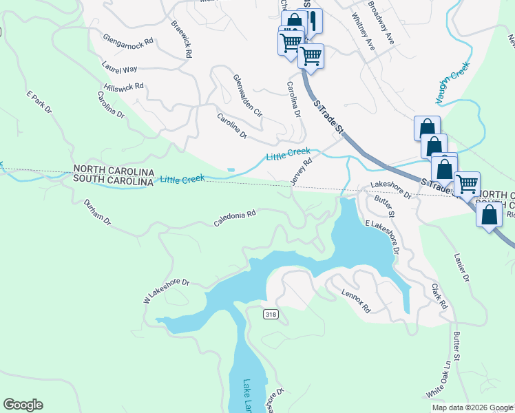 map of restaurants, bars, coffee shops, grocery stores, and more near 155 Caledonia Road in Landrum