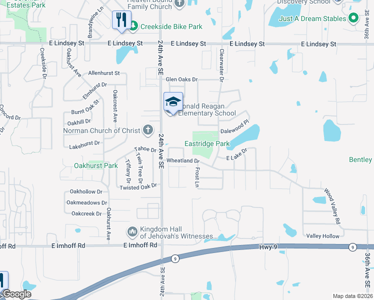 map of restaurants, bars, coffee shops, grocery stores, and more near 1813 Wheatland Place in Norman