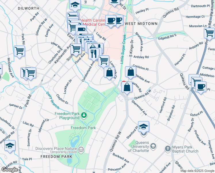map of restaurants, bars, coffee shops, grocery stores, and more near 2120 Lombardy Circle in Charlotte