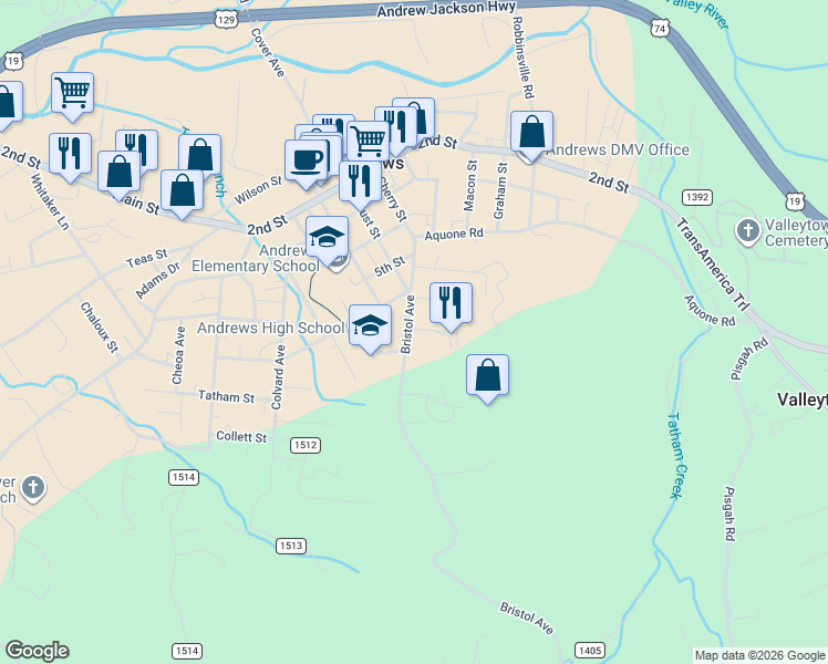 map of restaurants, bars, coffee shops, grocery stores, and more near 230 Bristol Avenue in Andrews