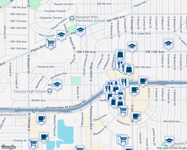 map of restaurants, bars, coffee shops, grocery stores, and more near 1812 South Virginia Street in Amarillo