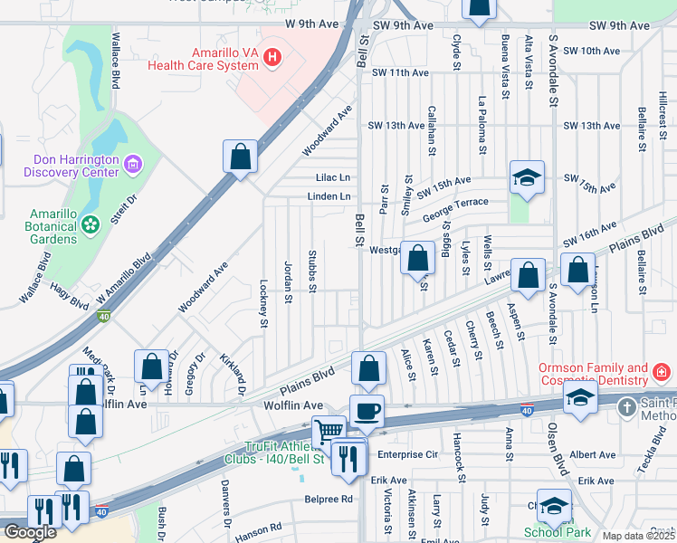 map of restaurants, bars, coffee shops, grocery stores, and more near 1550 Morton Avenue in Amarillo