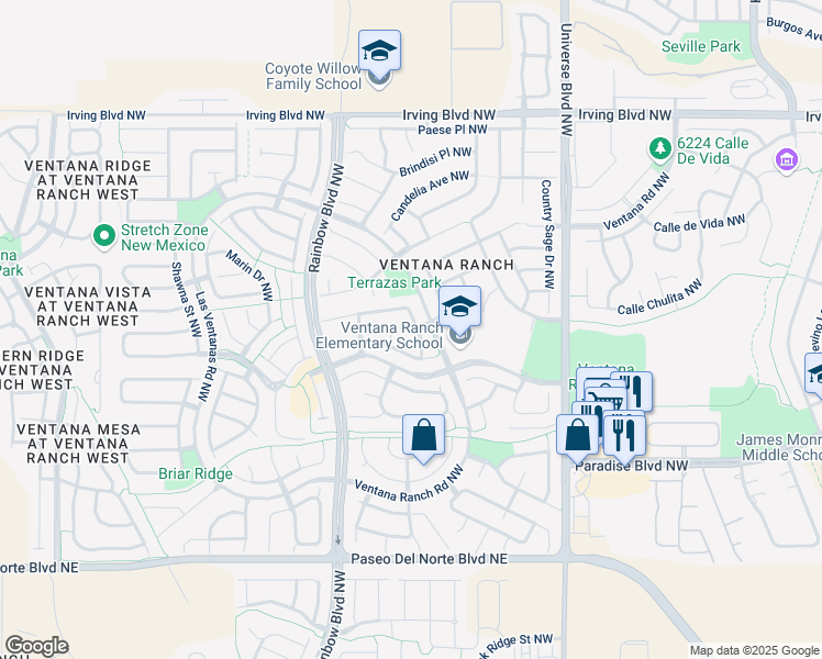 map of restaurants, bars, coffee shops, grocery stores, and more near 7005 Luz Del Sol Place Northwest in Albuquerque
