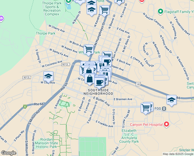 map of restaurants, bars, coffee shops, grocery stores, and more near 14 South Leroux Street in Flagstaff