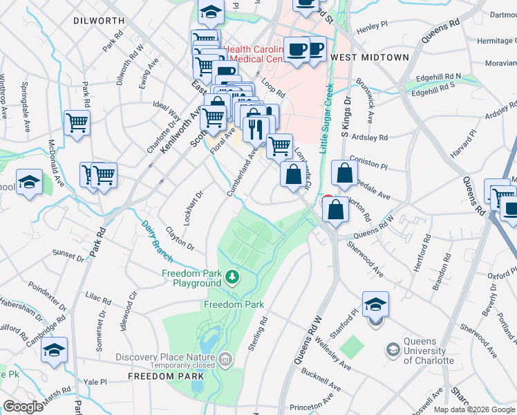 map of restaurants, bars, coffee shops, grocery stores, and more near 2100 Lombardy Circle in Charlotte