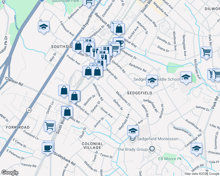 map of restaurants, bars, coffee shops, grocery stores, and more near in Charlotte