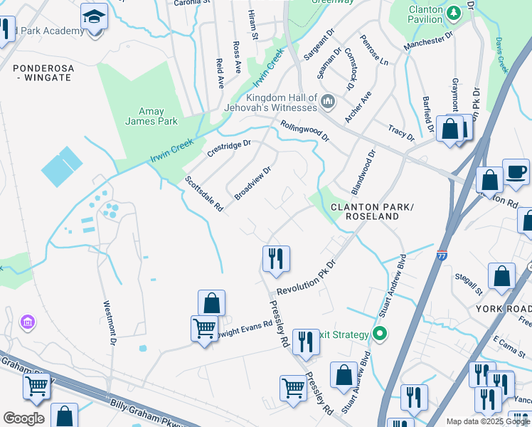 map of restaurants, bars, coffee shops, grocery stores, and more near 1307 Pressley Road in Charlotte