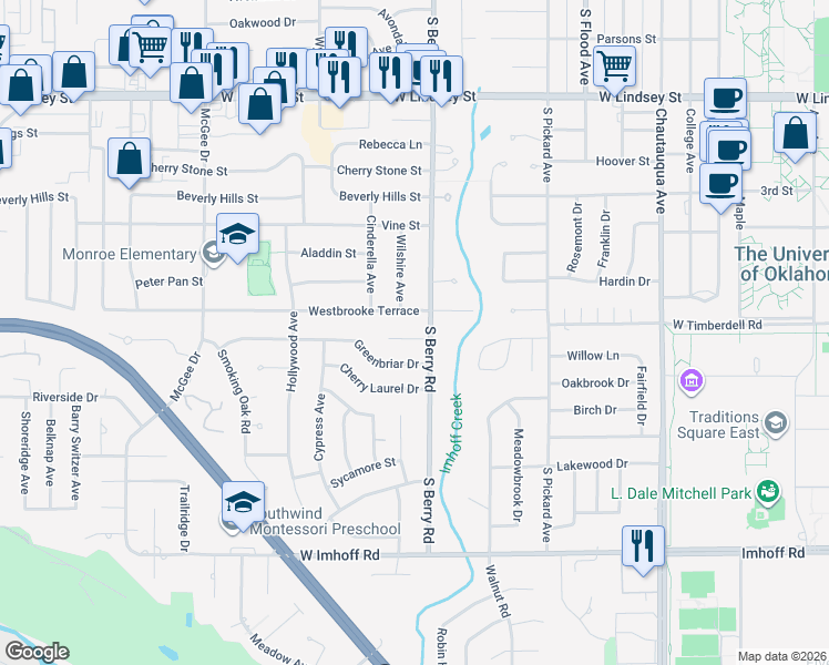 map of restaurants, bars, coffee shops, grocery stores, and more near 1200 Greenbriar Court in Norman