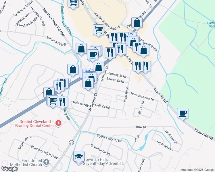 map of restaurants, bars, coffee shops, grocery stores, and more near 125 Hiwassee Avenue Northeast in Cleveland