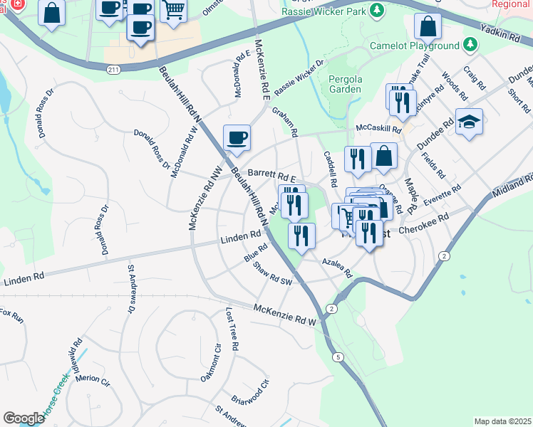 map of restaurants, bars, coffee shops, grocery stores, and more near 250 Beulah Hill Road North in Pinehurst