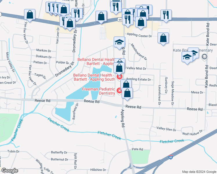 map of restaurants, bars, coffee shops, grocery stores, and more near 7380 Twiller Cove in Memphis