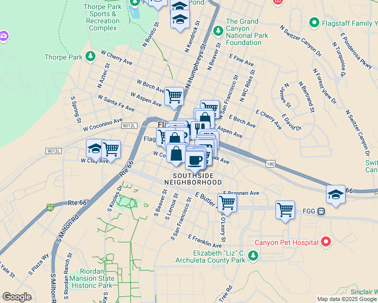 map of restaurants, bars, coffee shops, grocery stores, and more near 14 South Leroux Street in Flagstaff
