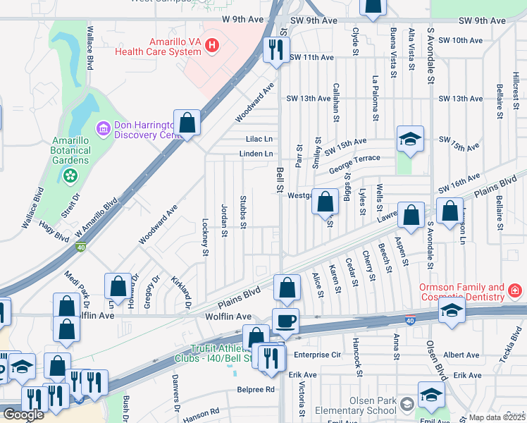 map of restaurants, bars, coffee shops, grocery stores, and more near 1550 Bell Street in Amarillo